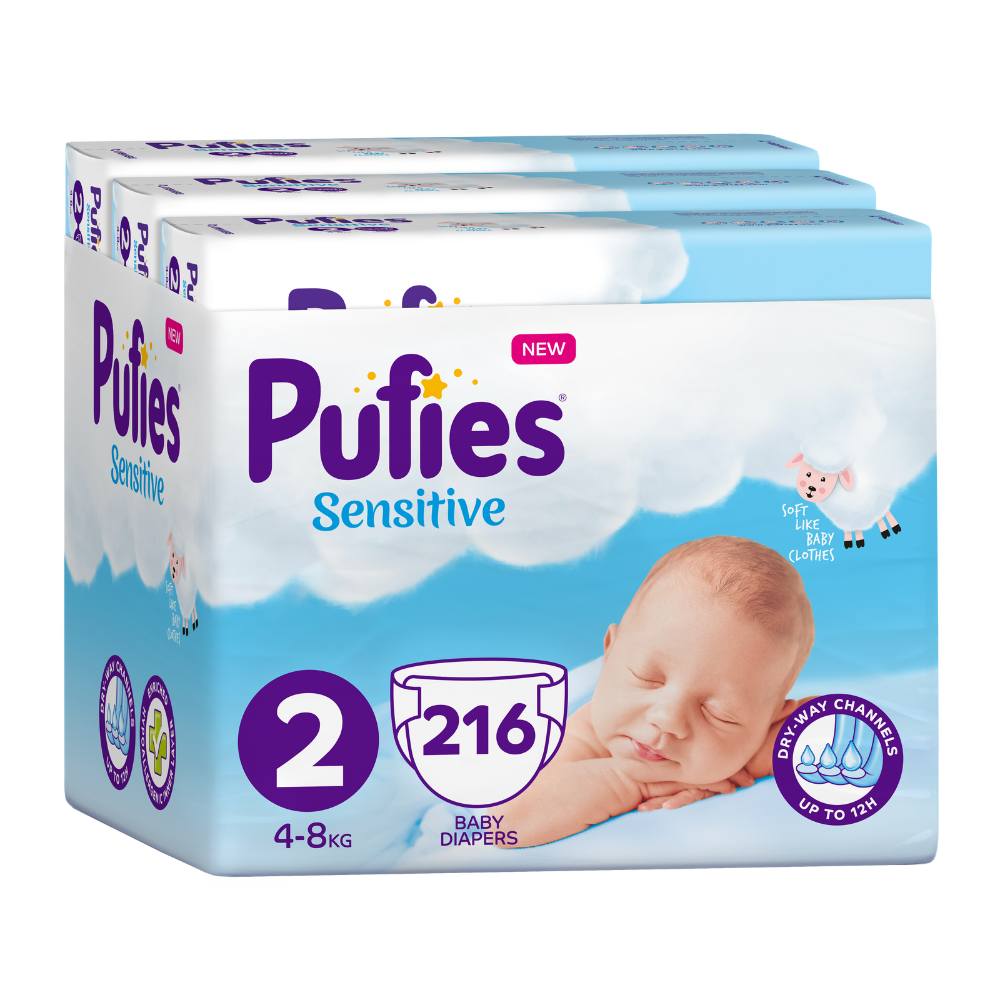 Scutece Mini Trio Pack Sensitive, Nr. 2, 4-8 kg, 216 bucati, Pufies