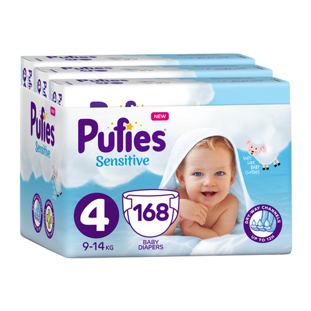 Scutece Maxi Sensitive, Nr 4. 9-14 kg, 168 bucati, Pufies
