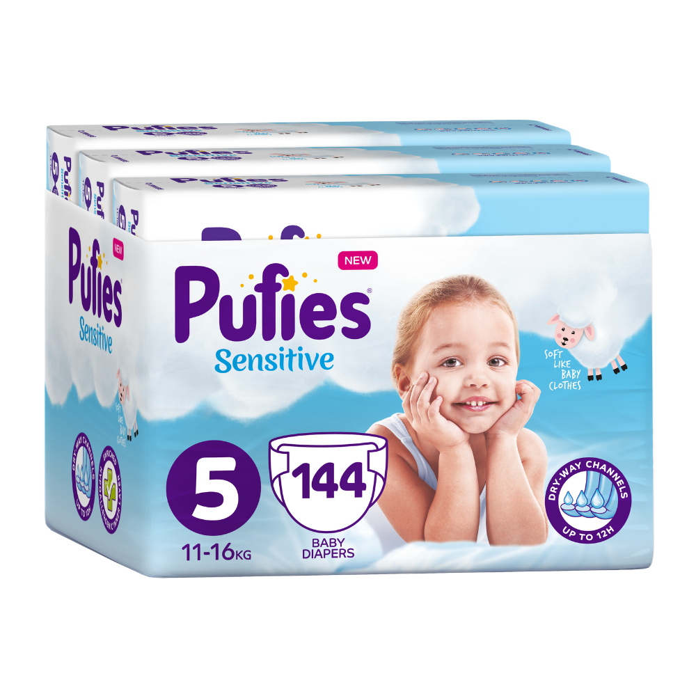 Scutece Junior Sensitive, Nr. 5, 11-16 kg, 144 bucati, Pufies