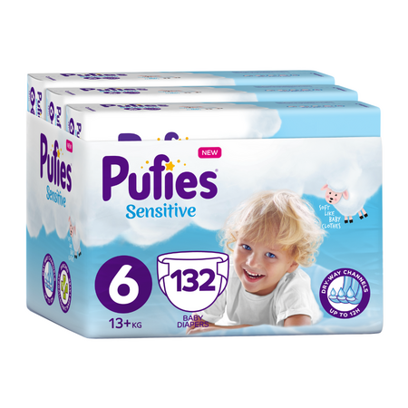 Scutece Extra Large Sensitive, Nu. 6, +13 kg, 132 bucati, Pufies