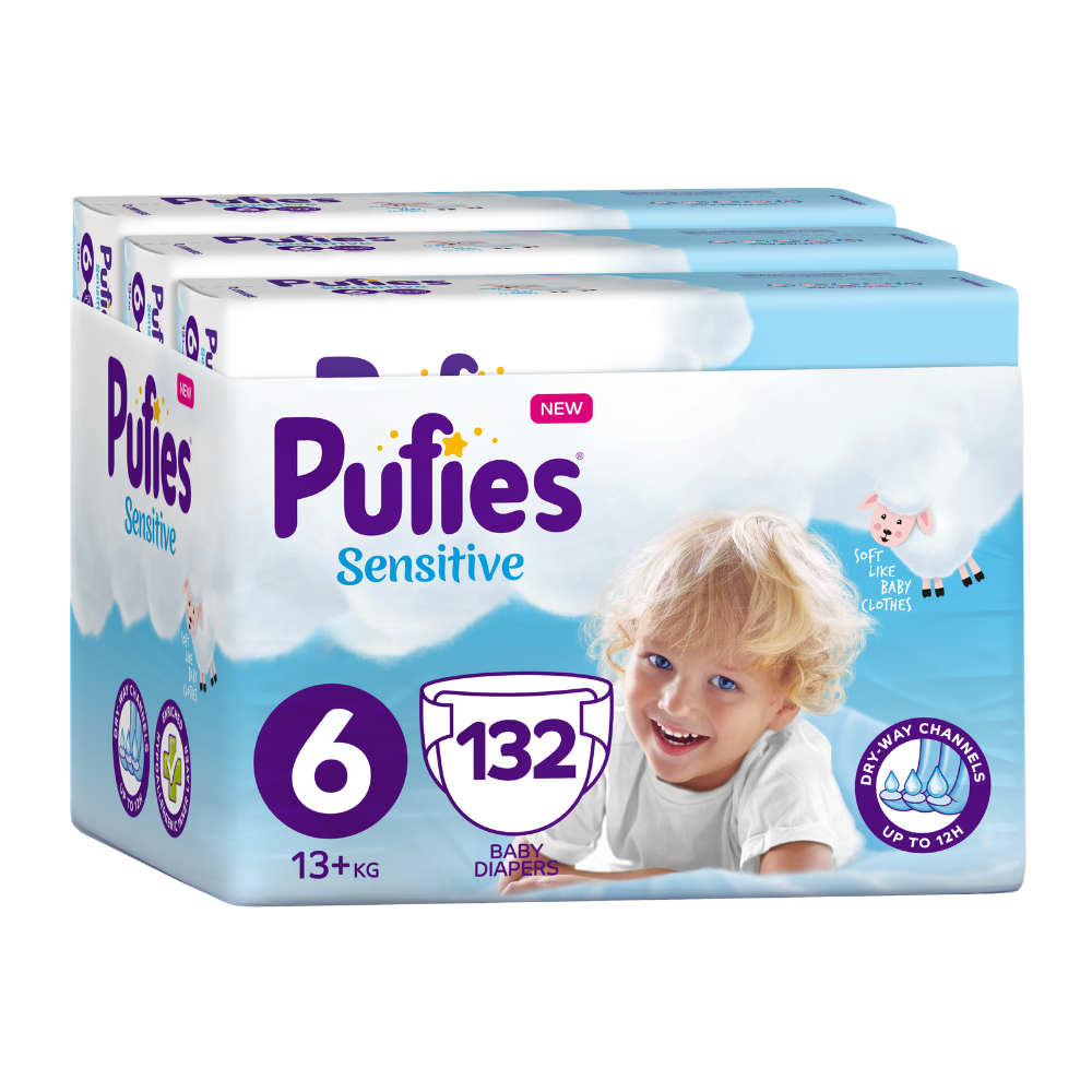 Scutece Extra Large Trio Pack Sensitive, Nr. 6, +13 kg, 132 bucati, Pufies