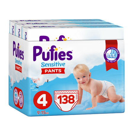 Scutece Pants Maxi Sensitive, Nr. 4, 9-15 kg, 138 bucati, Pufies
