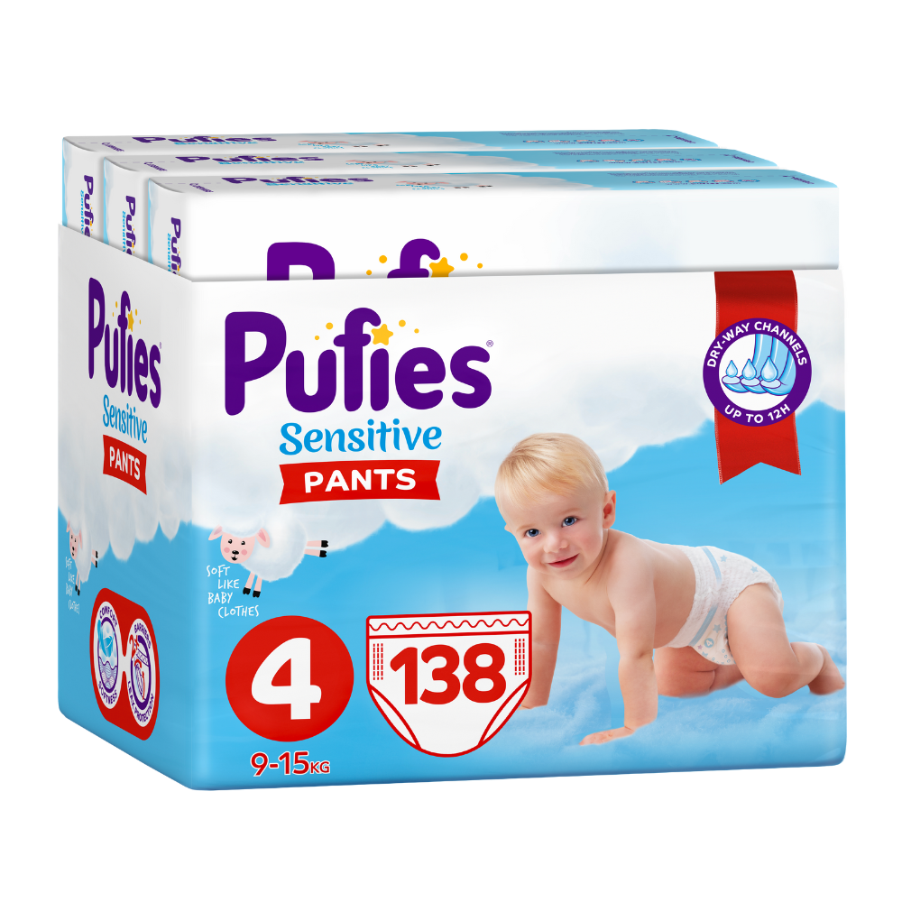 Scutece Pants Maxi Trio Pack Sensitive, Nr. 4, 9-15 kg, 138 bucati, Pufies