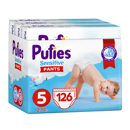 Scutece Pants Junior Sensitive, Nr. 5, 12-17 kg, 126 bucati, Pufies