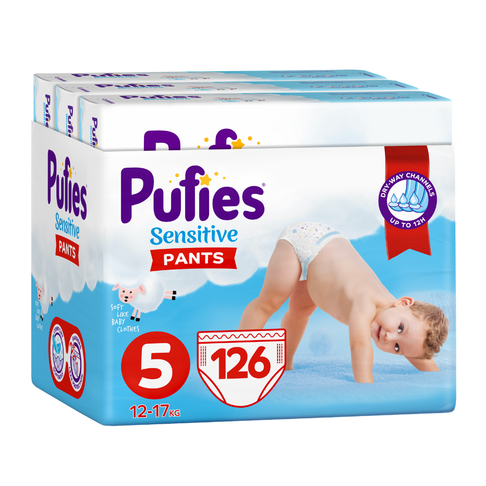 Scutece Pants Junior Trio Pack Sensitive, Nr. 5, 12-17 kg, 126 bucati, Pufies