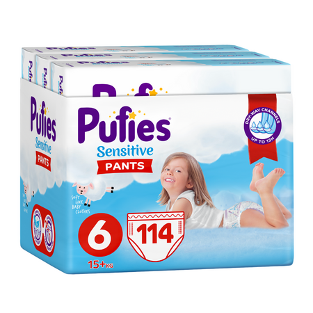 Scutece Pants Extra Large Sensitive, Nr. 6, +15 kg, 114 bucati, Pufies