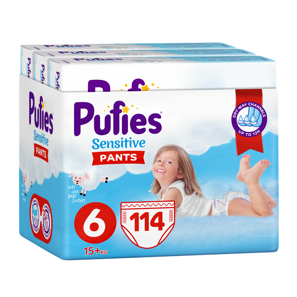 Scutece Pants Extra Large Trio Pack Sensitive, Nr. 6, +15 kg, 114 bucati, Pufies