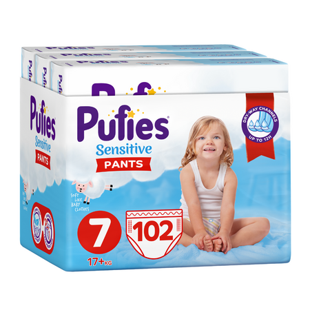 Scutece Pants Sensitive, Nr. 7, +17 kg, 102 bucati, Pufies
