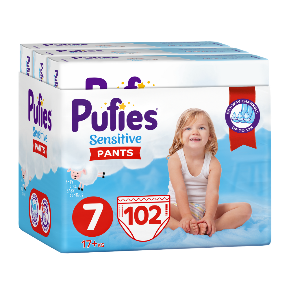 Scutece Pants Trio Pack Sensitive, Nr. 7, +17 kg, 102 bucati, Pufies