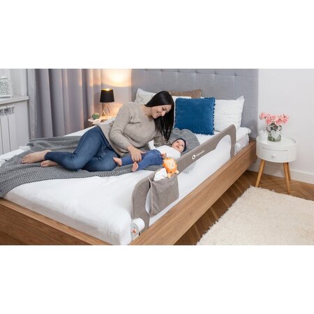 Bariera de siguranta rabatabila pentru pat cu buzunar de accesorii Eva, 150 x 35 cm, Grey Melange, Lionelo 637948