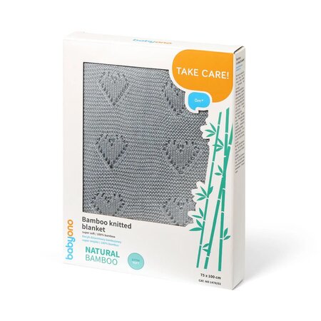 Paturica tricotata din fibre de bambus Inimi, 75 x 100 cm, Gri inchis, + 0 luni, 1 bucata, Babyono 637929