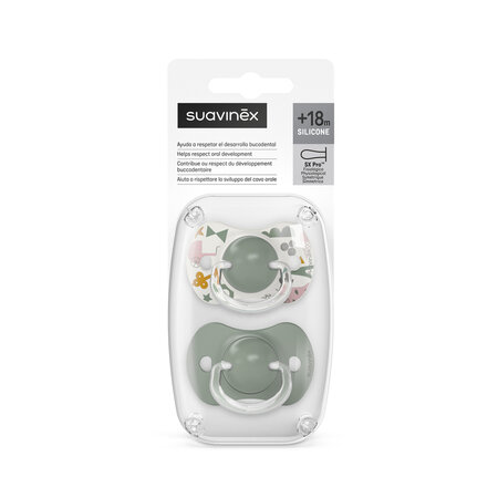 Suzeta fiziologica din silicon SX Pro A Walk In The Park, +18 luni, Masliniu, 2 buc, Suavinex