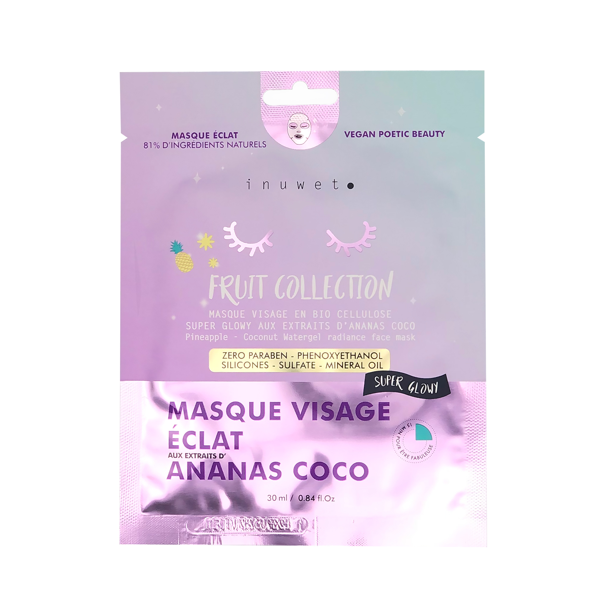 Masca de fata iluminatoare din biioceluloza cu extract de ananas Fruit Collection, 30 ml, Inuwet