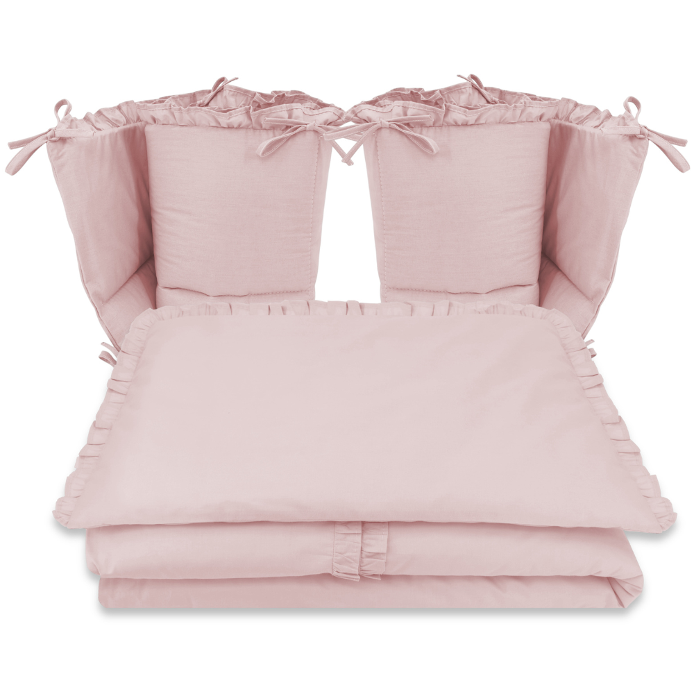 Set lenjerie pentru patut 5 piese, cu volanase si doua protectii laterale Royal, Powder Pink, 120x60 cm, MimiNu