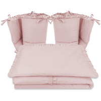 Set lenjerie pentru patut 5 piese, cu volanase si doua protectii laterale Royal, Powder Pink, 120x60 cm, MimiNu