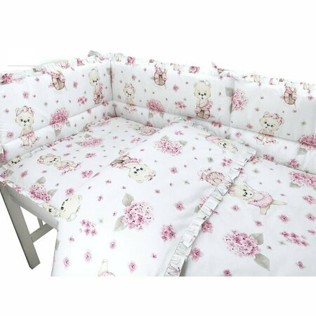 Set lenjerie pentru patut 5 piese, cu volanase, pilota si perna, Pink Ballerina, 120x60 cm, MimiNu 639705