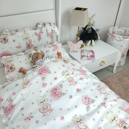 Set lenjerie pentru patut 5 piese, cu volanase, pilota si perna, Pink Ballerina, 120x60 cm, MimiNu 639706