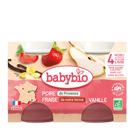 Piure Bio de pere, capsuni si vanilie, +4 luni, 2x130 g, Babybio