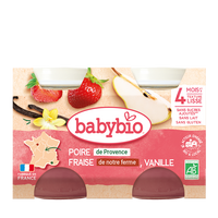 Piure Bio de pere, capsuni si vanilie, +4 luni, 2x130 g, Babybio