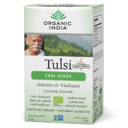 Tulsi cu Ceai Verde Bio Antistres Adaptogen, 18 plicuri, Organic India 456907