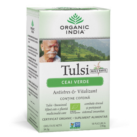 Tulsi cu Ceai Verde Bio Antistres Adaptogen, 18 plicuri, Organic India 456905