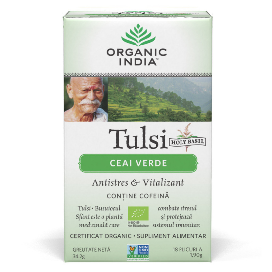 Tulsi cu Ceai Verde Bio Antistres Adaptogen, 18 plicuri, Organic India