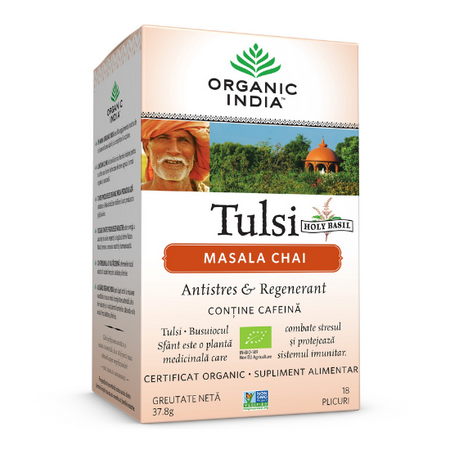 Tulsi Masala Chai Relaxant si Regenerant Bio, 18 plicuri, Organic India 456908
