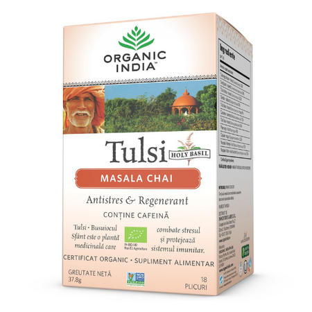 Tulsi Masala Chai Relaxant si Regenerant Bio, 18 plicuri, Organic India 456910