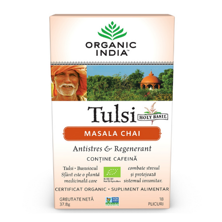 Tulsi Masala Chai Relaxant si Regenerant Bio, 18 plicuri, Organic India