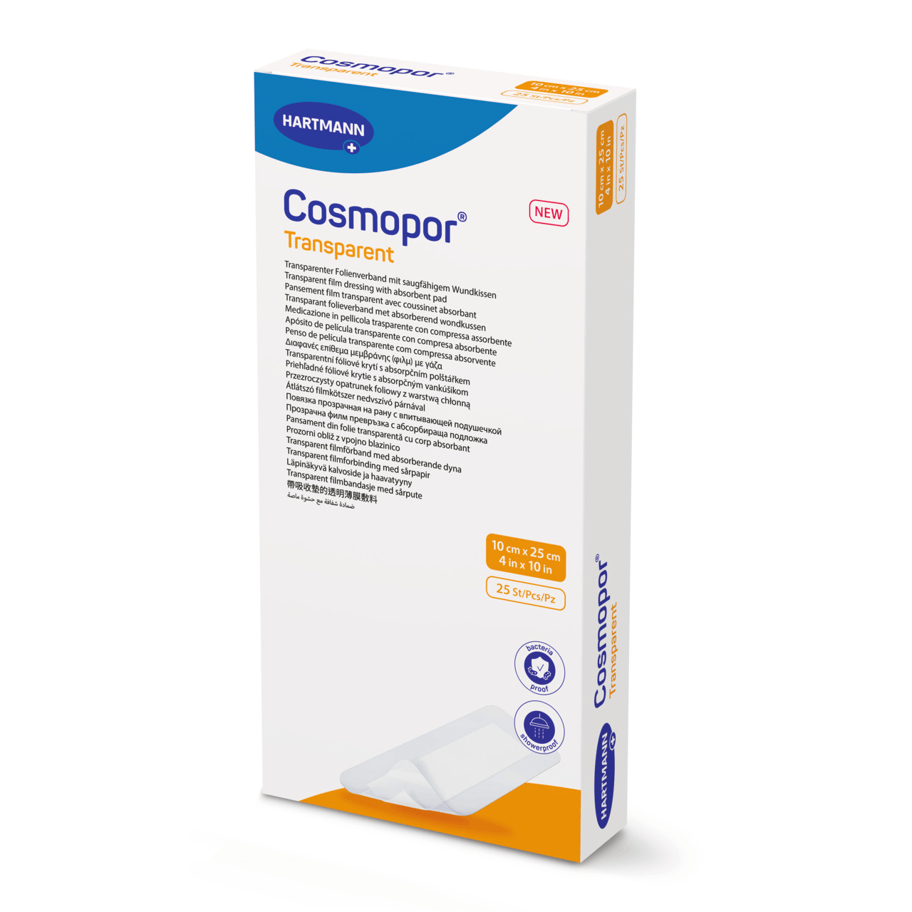 Plasture transparent cu compresa sterila Cosmopor Transparent, 10 cm x 25 cm, 25 bucati, Hartmann