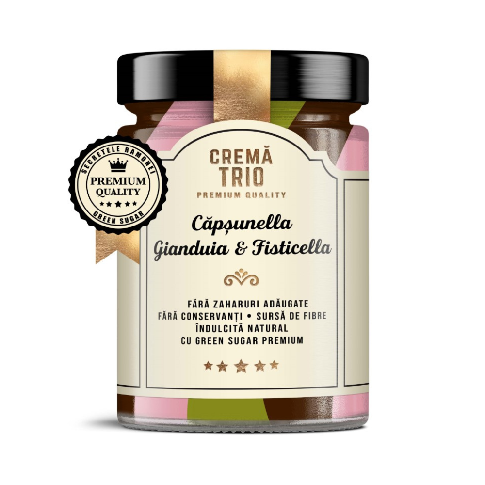 Crema Trio Capsunella cu Gianduia si FIsticella, 350 g, Secretele Ramonei