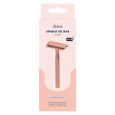 Aparat de ras clasic cu lama din otel inoxidabil si rezerve, Rose Gold, 1 buc, Meloni 643406