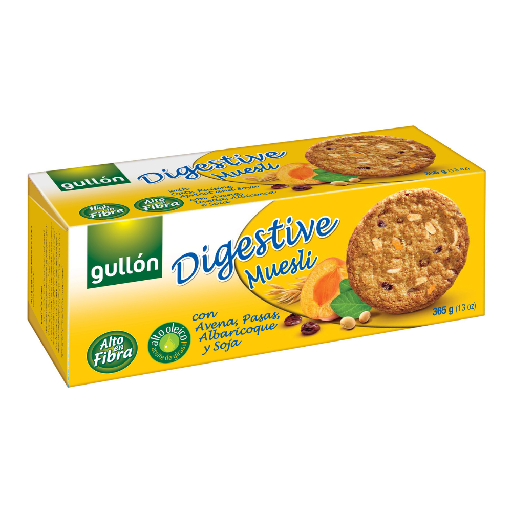 Biscuiti digestivi cu musli, ovaz, stafide si caise, 365 g, Gullon