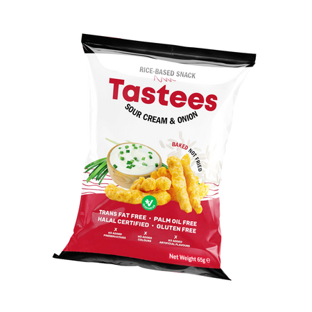 Snack din orez cu aroma de smantana si ceapa, 65 g, Tastees