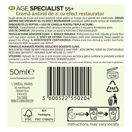 Crema antirid de fata pentru zi 55+ Age Specialist, 50 ml, Loreal Paris 645125