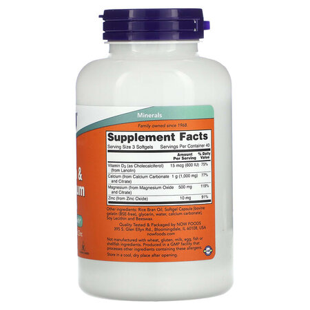 Calciu, magneziu cu vitamina D-3 si zinc, 120 gelule moi, Now Foods 645436