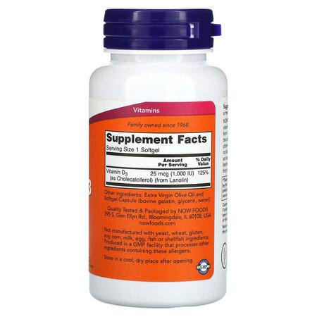 Vitamina D3, 1000 UI, 180 gelule moi, Now Foods 645557