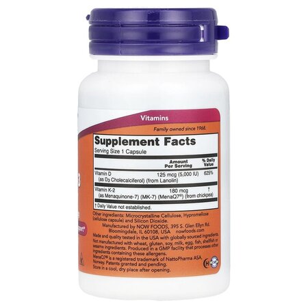 Vitamina D-3 Cu Vitamina K-2, 5,000 IU, 60 capsule vegetale, Now Foods 688314