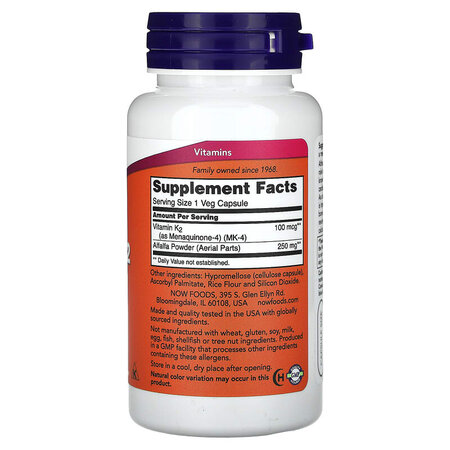 Vitamina K-2, 100 mcg, 100 capsule vegetale, Now Foods 645632