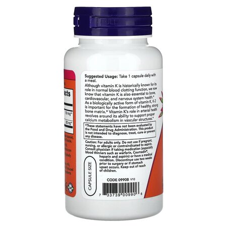 Vitamina K-2, 100 mcg, 100 capsule vegetale, Now Foods 645633