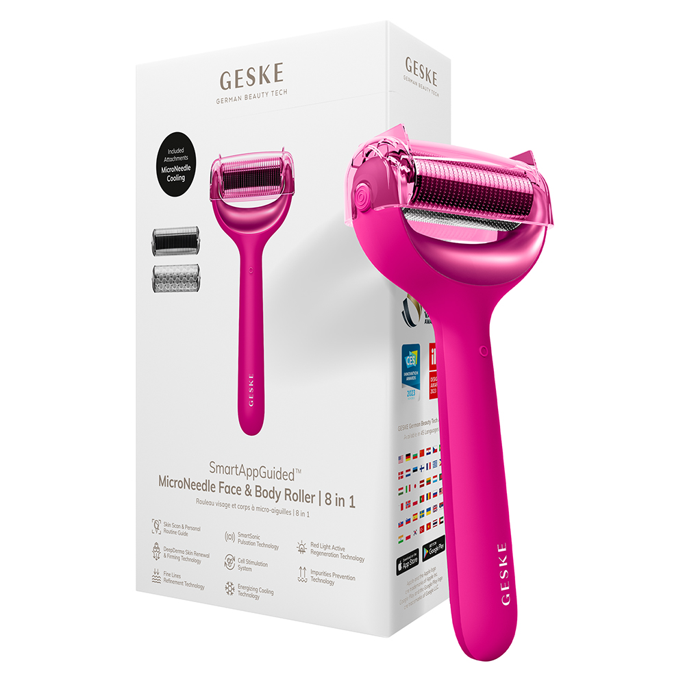 Roller pentru masaj facial si corporal 8 in 1 MicroNeedle, Magenta, Geske