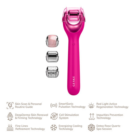 Roller pentru masaj facial 9 in 1 MicroNeedle, Magenta, Geske 646074