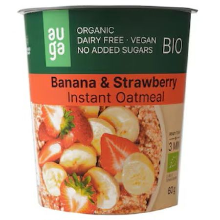 Porridge Bio instant din ovaz integral cu banane si capsune, 60 g, Auga