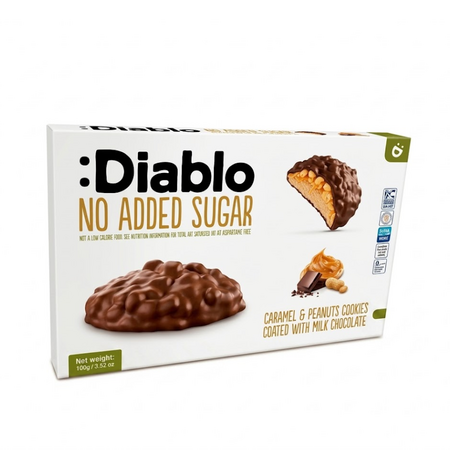 Biscuiti cu invelis de ciocolata cu lapte si umplutura de caramel si arahide, 100 g, Diablo