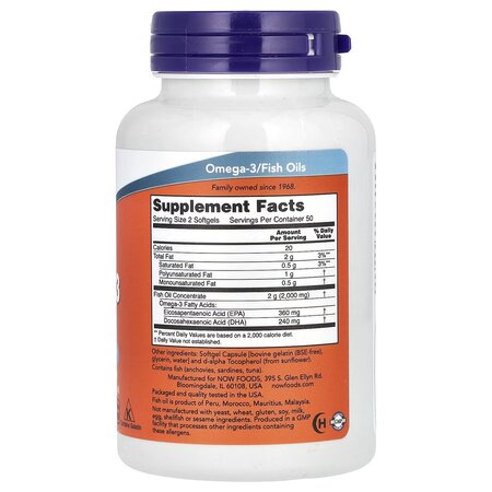 Omega 3, 100 mg, 100 capsule, Now Foods 648143