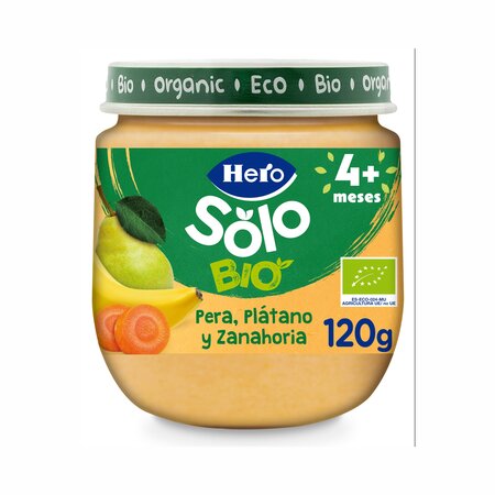 Piure Bio de pere, banane si morcovi, + 4 luni, 6 buc, x 120 g, Hero Baby 648171