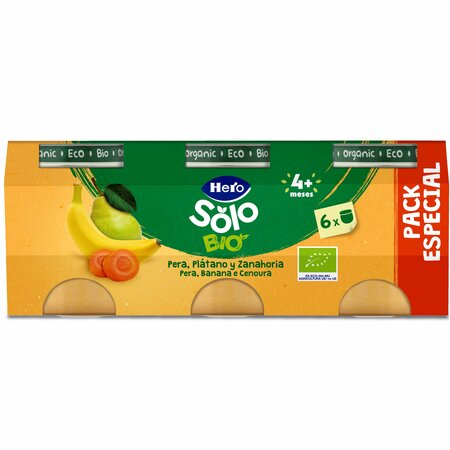 Piure Bio de pere, banane si morcovi, + 4 luni, 6 buc, x 120 g, Hero Baby 648174