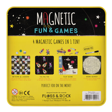 Jocuri magnetice in cutie metalica, 4 in 1, Fun & Games Space, 3 ani+, Floss & Rock 648939