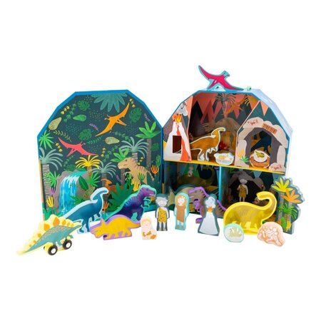 Cutie portabila cu figurine din lemn, Playbox Dino, 3 ani+, Floss & Rock 649044