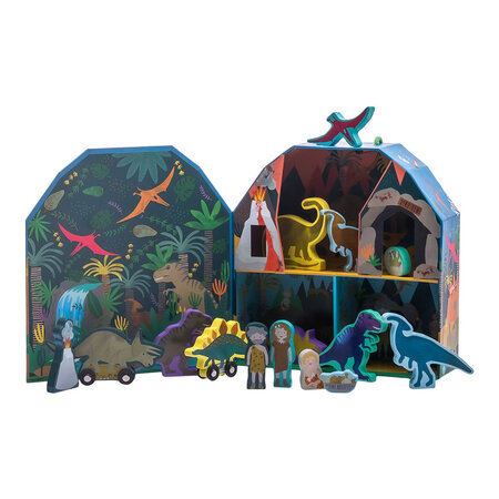 Cutie portabila cu figurine din lemn, Playbox Dino, 3 ani+, Floss & Rock 649046